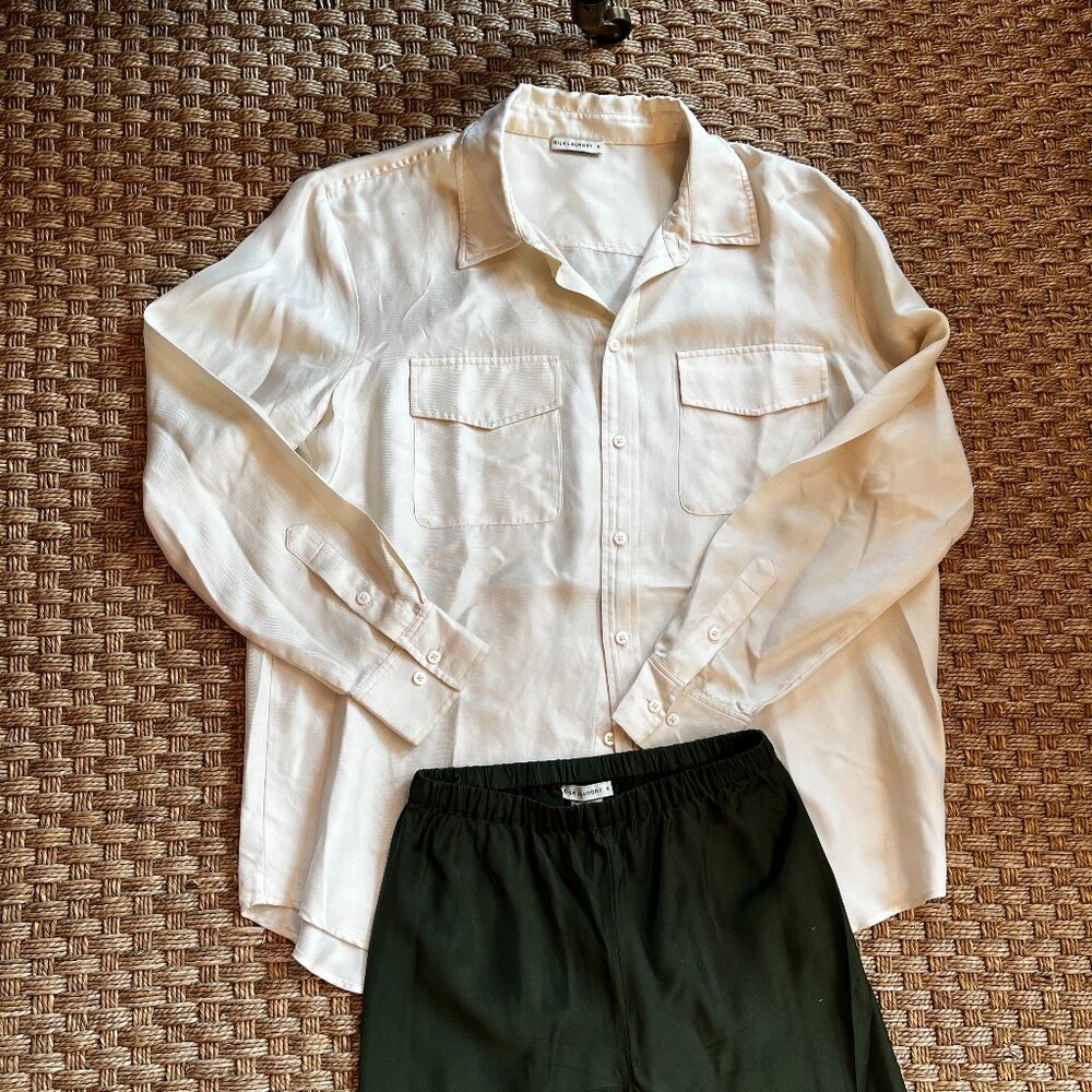 Silk Laundry White Top with Green Pants Set. Both Size S. 100% Silk.